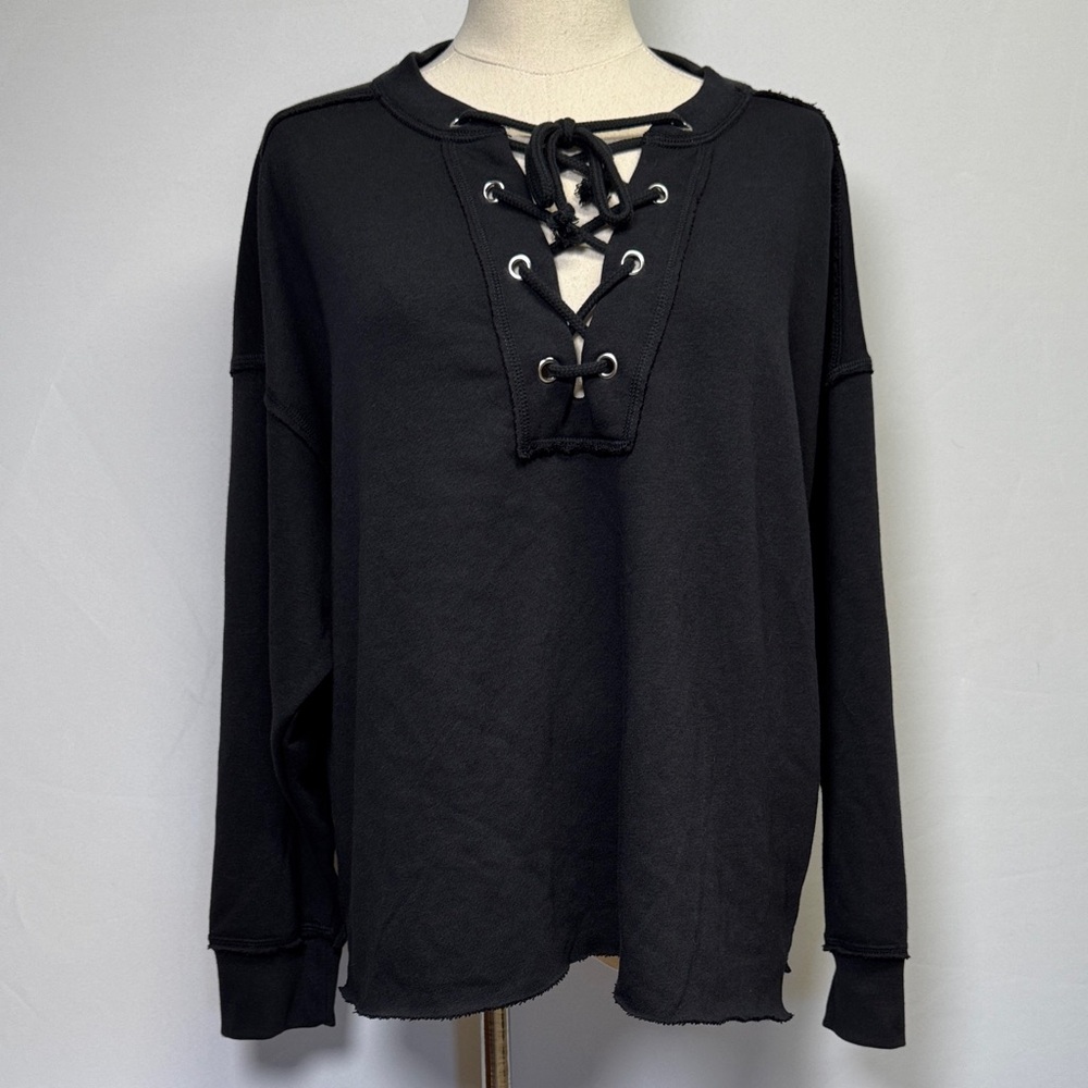 Aerie Sunday Soft Lace-Up Black Sweatshirt Size Small